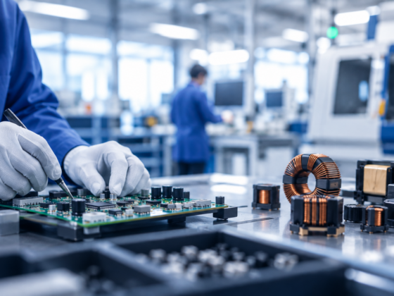 Technicien en gants blancs assemblant une carte électronique, avec des bobines et inductances en cuivre sur un établi d'atelier industriel