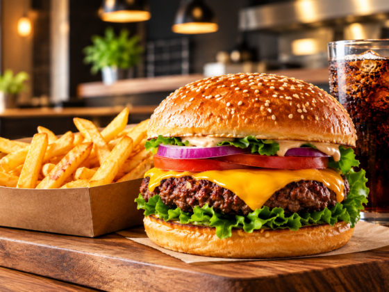 Burger au cheddar servi avec des frites et un soda dans un restaurant de restauration rapide