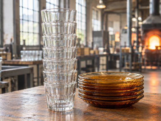 Pile de verres à facettes en verre trempé et assiettes ambrées dans une verrerie, illustration de la reprise de Duralex