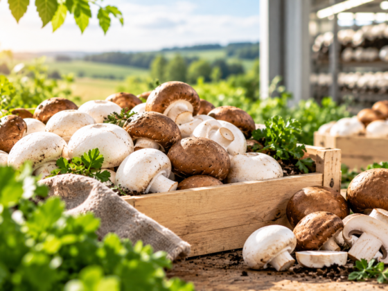 Cagette en bois remplie de champignons de Paris blancs et bruns, illustration de la conciliation du groupe Lou Légumes