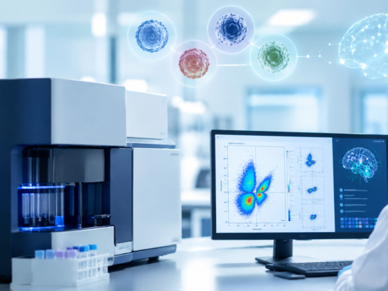 Cytomètre en flux et écran d'analyse de données cellulaires dans un laboratoire de diagnostic biologique